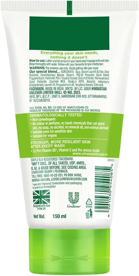 فوم شستشوی صورت مرطوب کننده سیمپل، 150 میلی لیتر، تک واحدی