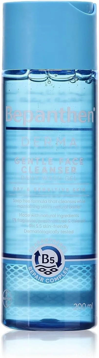 ژل شستشوی ملایم صورت Bepanthen Derma، 200 میلی لیتر، شوینده ملایم صورت، احیا کننده پوست صورت، مناسب برای پوست های حساس و خشک، pH 5.5