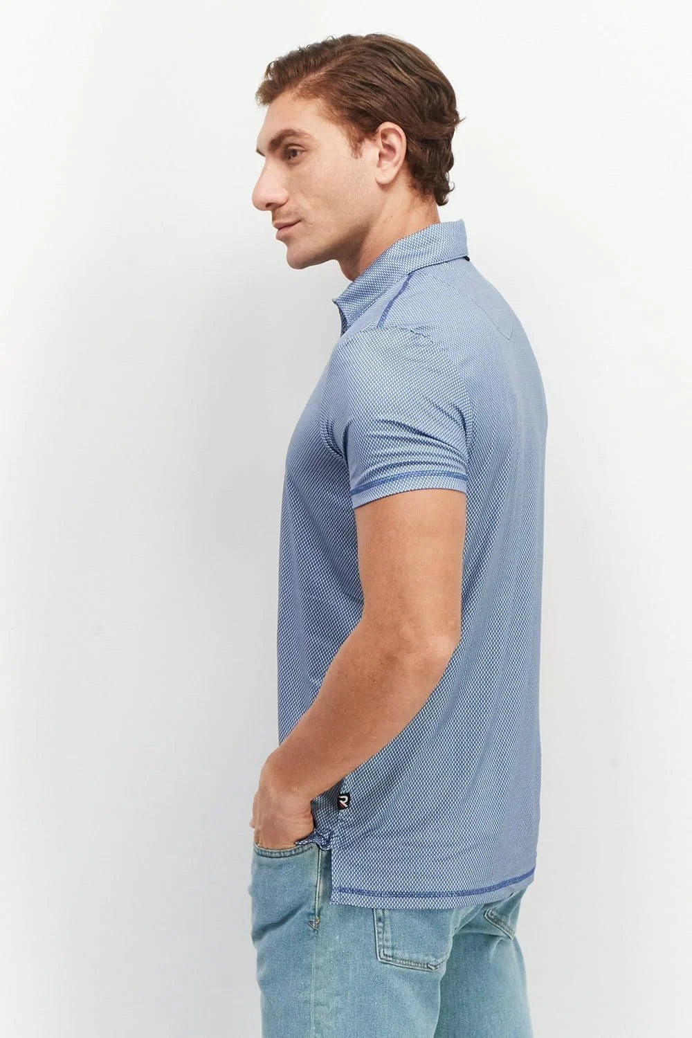 پیراهن پولو مردانه آستین کوتاه طرح لوزی یقه دیپلمات آبی