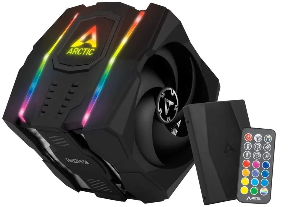 خنک کننده پردازنده دو برج Arctic Freezer 50 با کنترلر ARGB، سازگار با انواع سوکت، بلبرینگ دینامیک سیال، سرعت فن تا 140 میلی متر، 200–1800 دور در دقیقه | ACFRE00080A