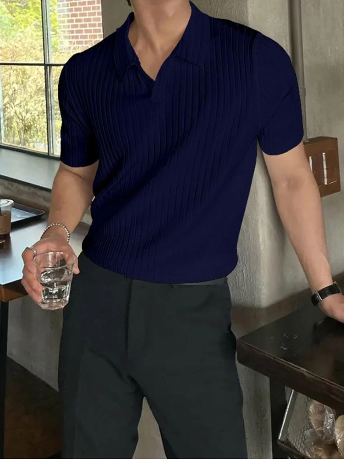 تی‌شرت مردانه نخی لایکرا GRECIILOOKS با برش معمولی (آبی، بزرگ)