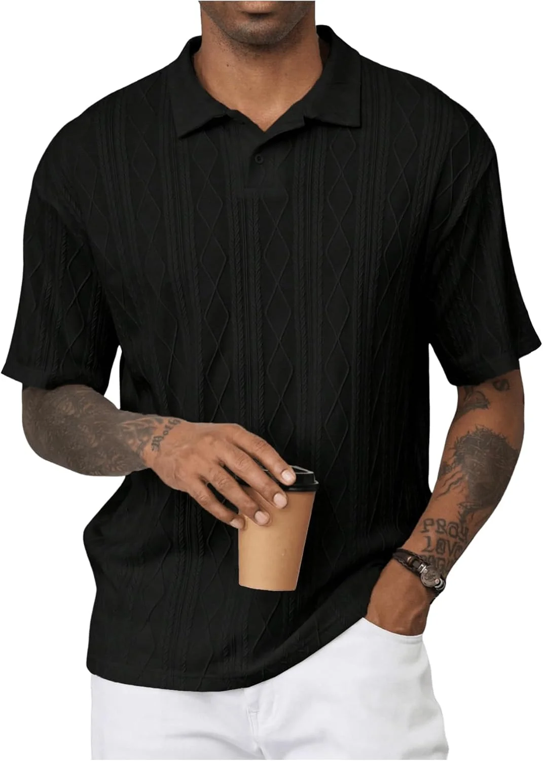 GORGLITTER پیراهن مردانه آستین کوتاه بافت دار یقه دار گشاد غیر رسمی