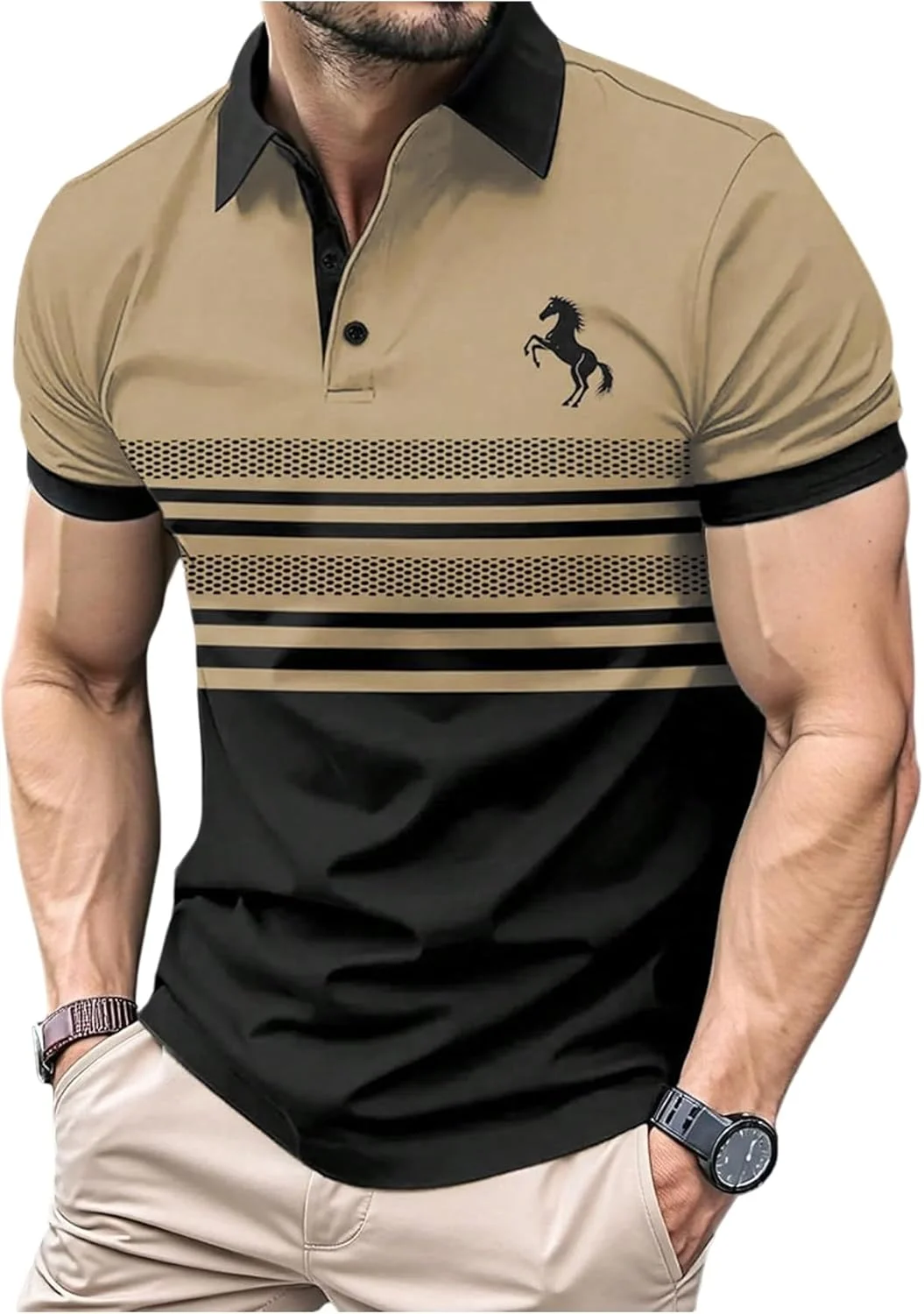 گورگلیتر پیراهن مردانه راه راه رنگی با طرح حیوانات، آستین کوتاه و یقه دار