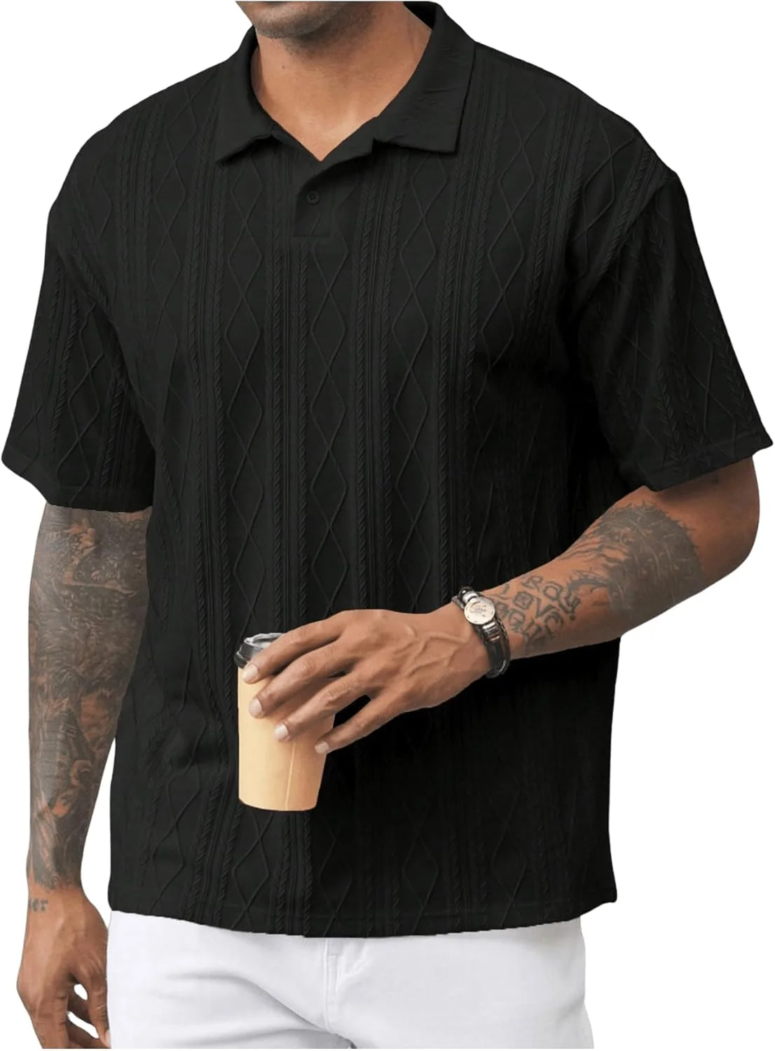 GORGLITTER پیراهن مردانه آستین کوتاه بافت دار یقه دار گشاد غیر رسمی
