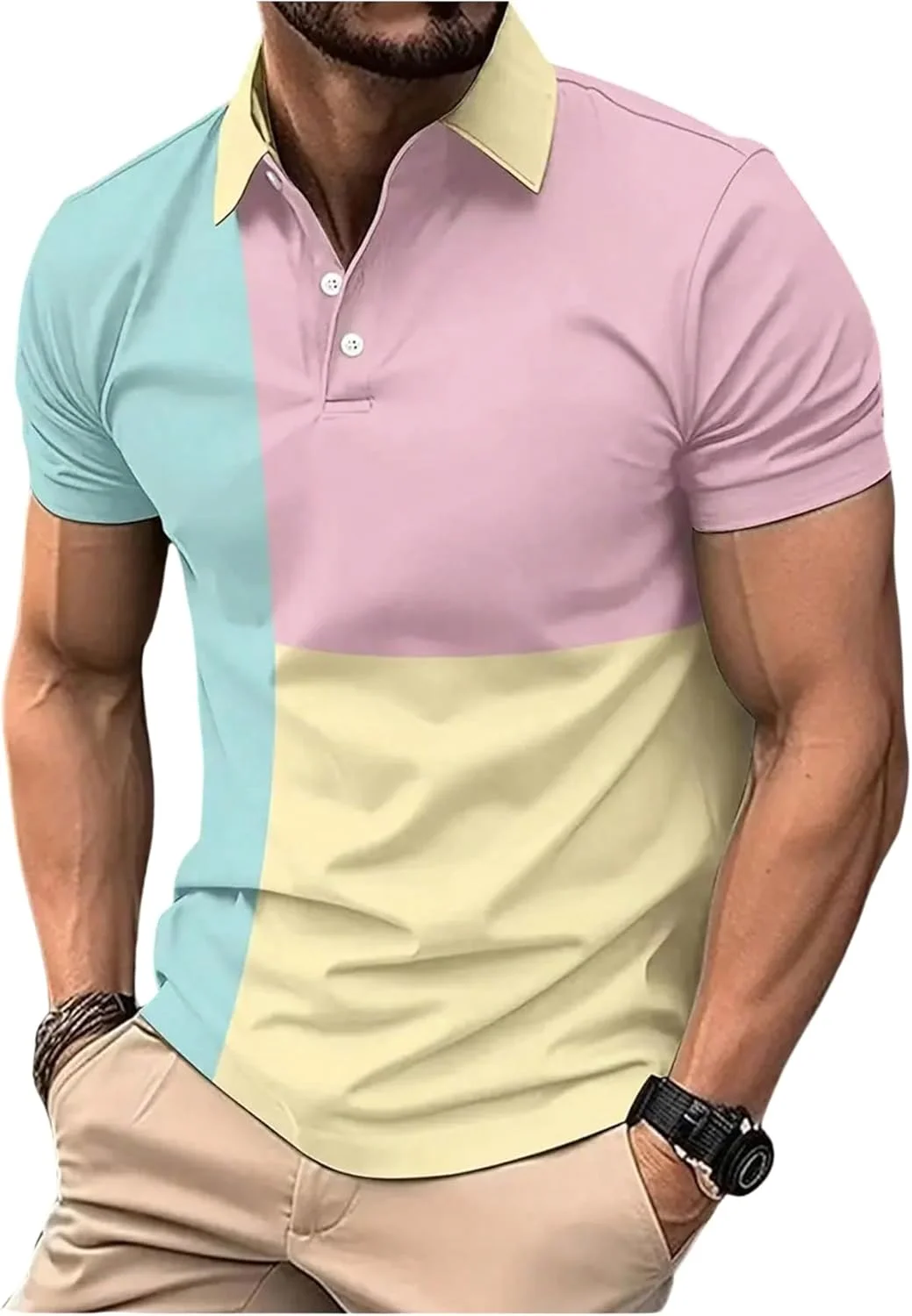 پیراهن مردانه دکمه دار GORGLITTER، آستین کوتاه، یقه دار، طرح رنگی