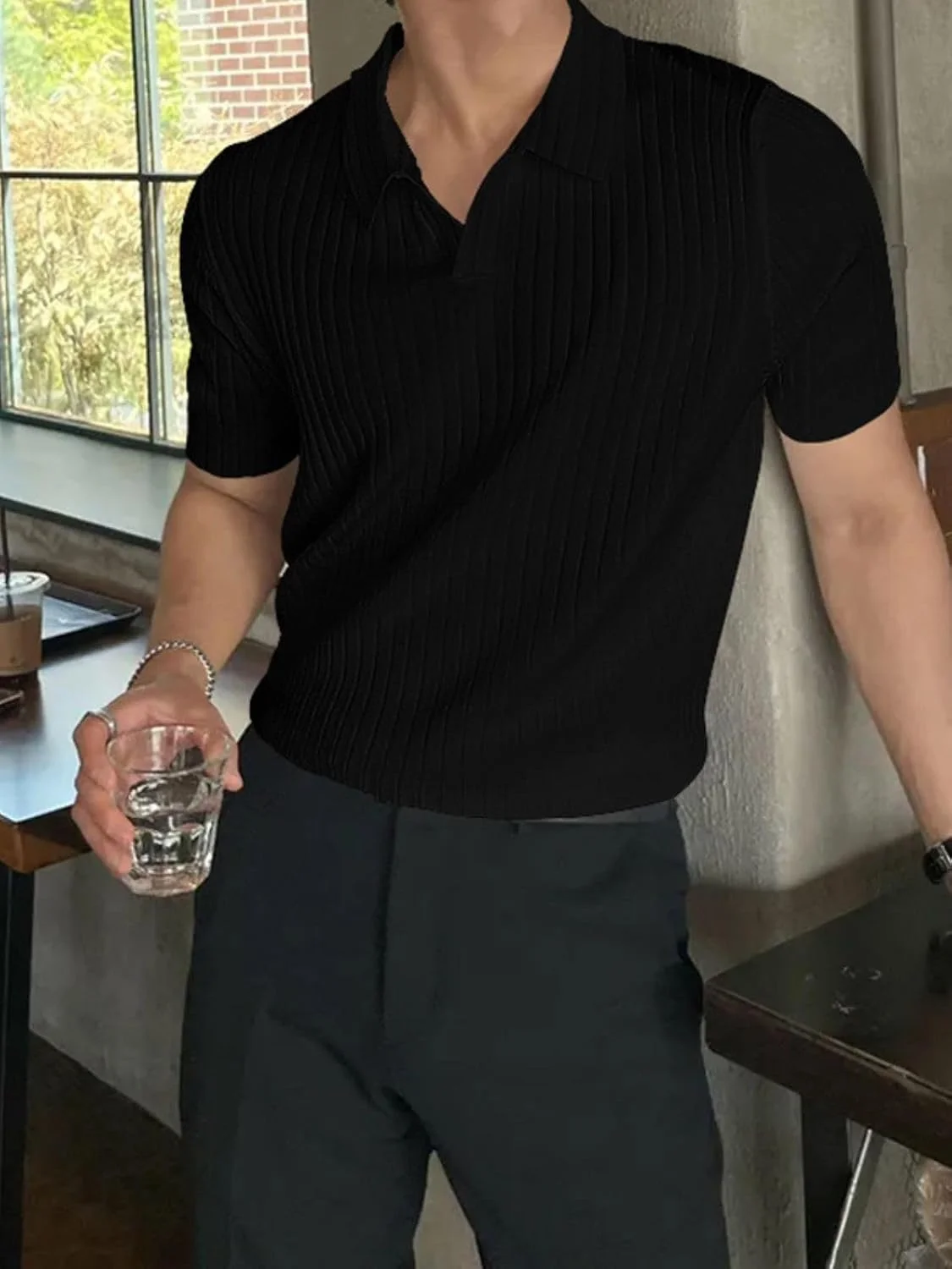 تی‌شرت آستین کوتاه مردانه مدل GRECIILOOKS، جنس پنبه و لاکرا، سایز کوچک، مشکی