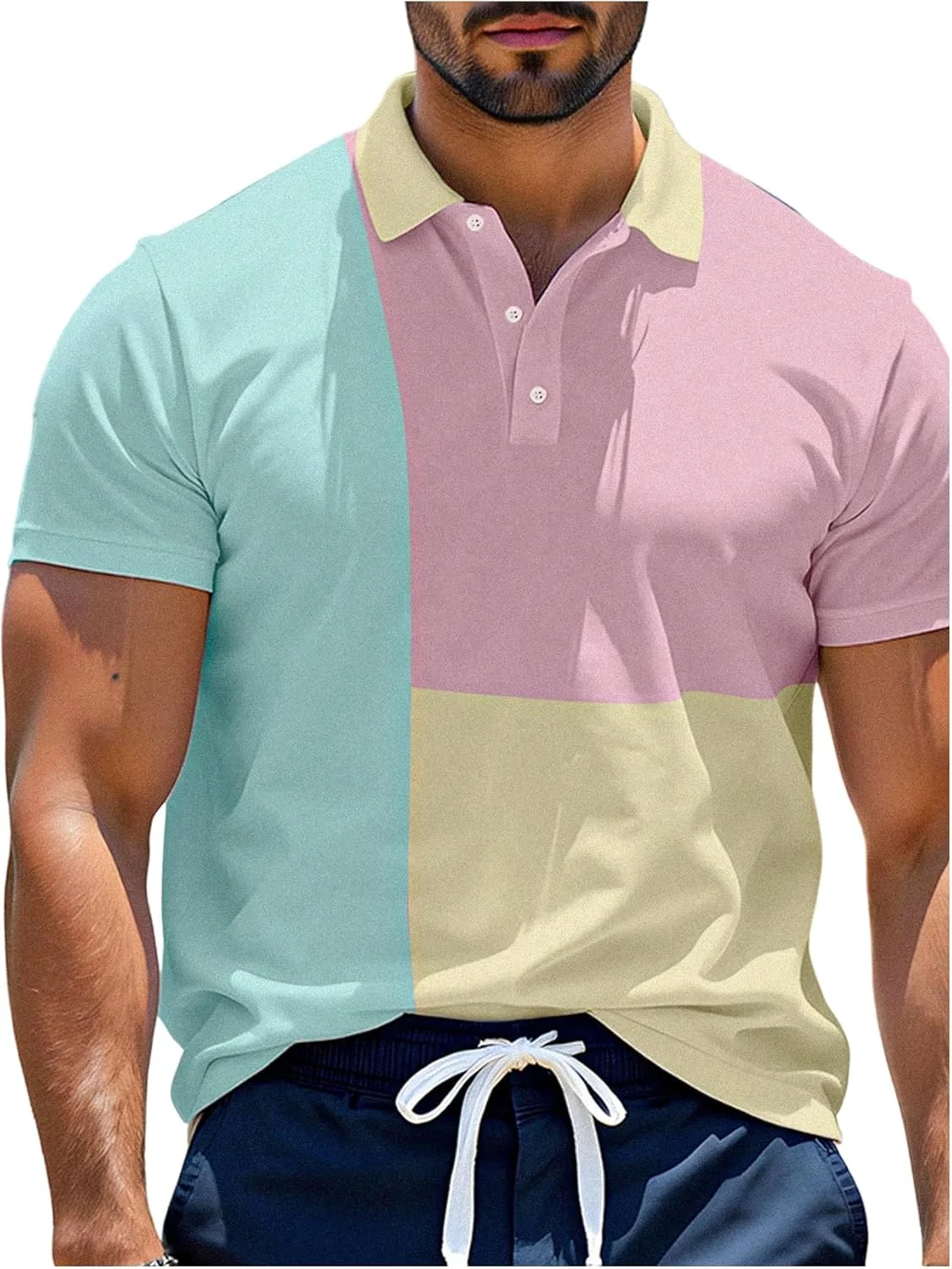 پیراهن مردانه دکمه دار GORGLITTER، آستین کوتاه، یقه دار، طرح رنگی