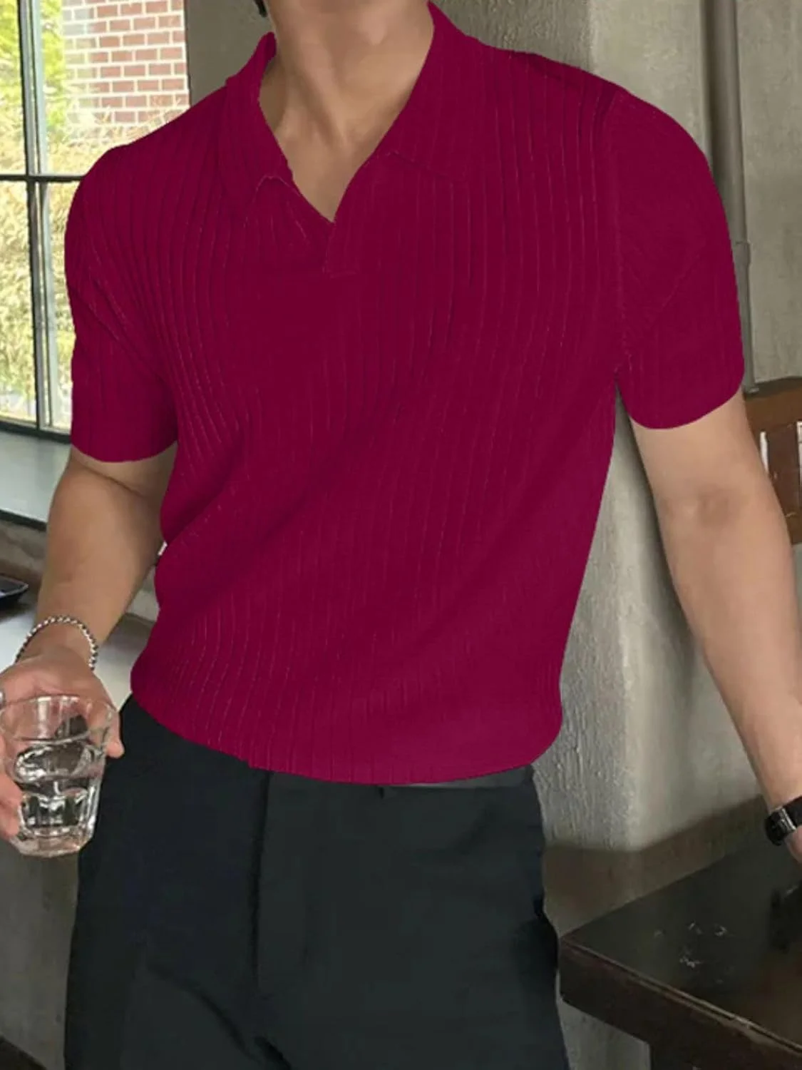 تی‌شرت آستین کوتاه مردانه مدل GRECIILOOKS، جنس پنبه و لاکرا، سایز بزرگ (شرابی)