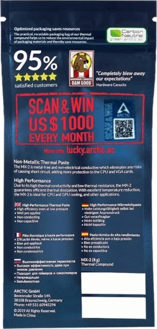 خمیر حرارتی Arctic MX-2 (4g) نسخه 2019، کارایی بالا بر پایه کربن، ماده رابط، 4 گرم | ACTCP00004B