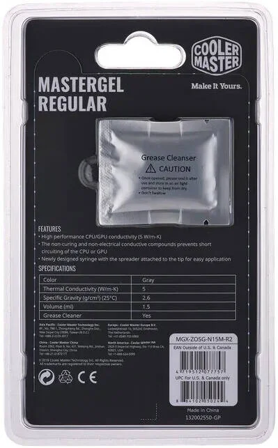 گریس حرارتی کولر مستر MasterGel Regular، پاک کننده گریس، رسانایی حرارتی 5 (W/m-K)، وزن مخصوص 2.5 (g/cm3) (25 درجه سانتیگراد)، 1.5 میلی لیتر، خاکستری | MGX-ZOSG-N15M-R2
