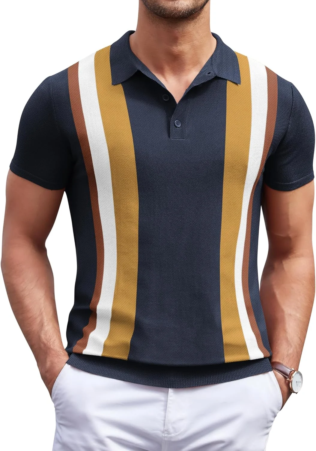 پولوشرت بافتنی مردانه آستین کوتاه راه راه طرح قدیمی