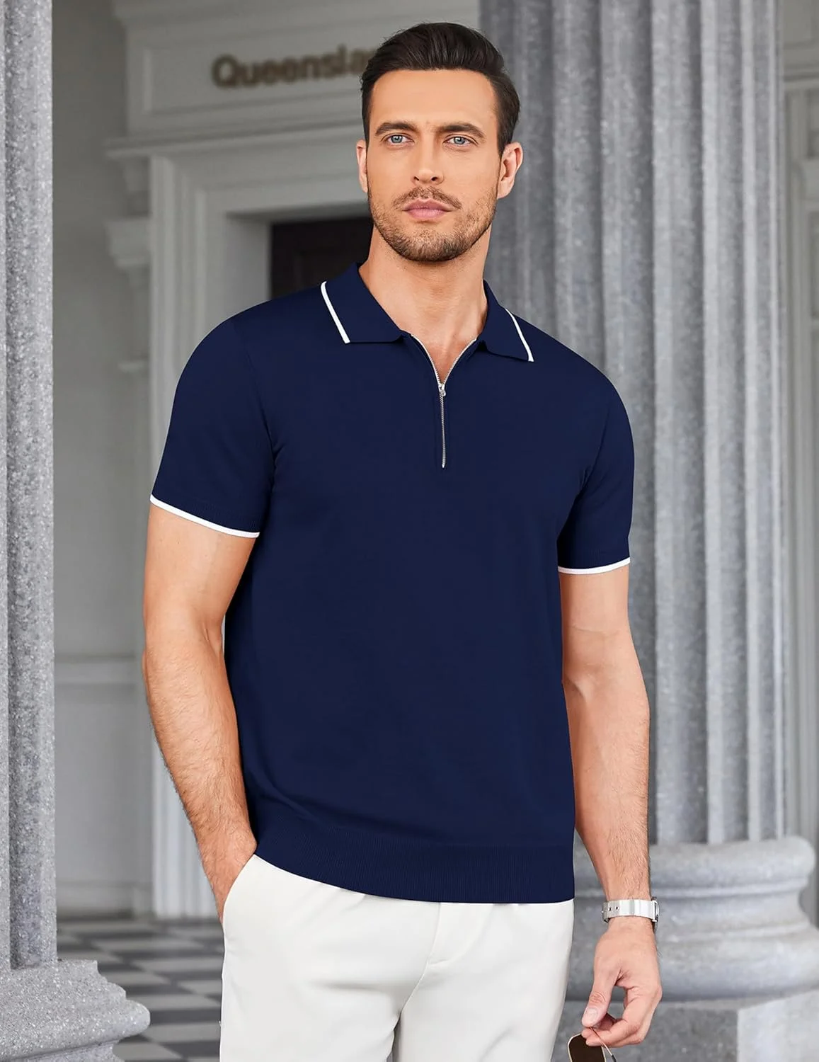 پولوشرت مردانه زیپ‌دار COOFANDY، تیشرت آستین کوتاه بافتنی غیررسمی، پیراهن کلاسیک
