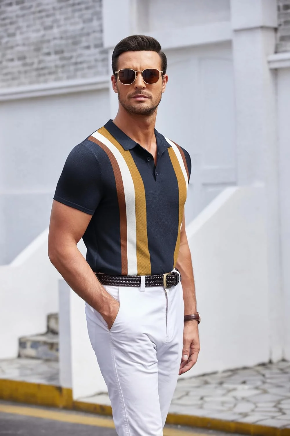 پولوشرت بافتنی مردانه آستین کوتاه راه راه طرح قدیمی