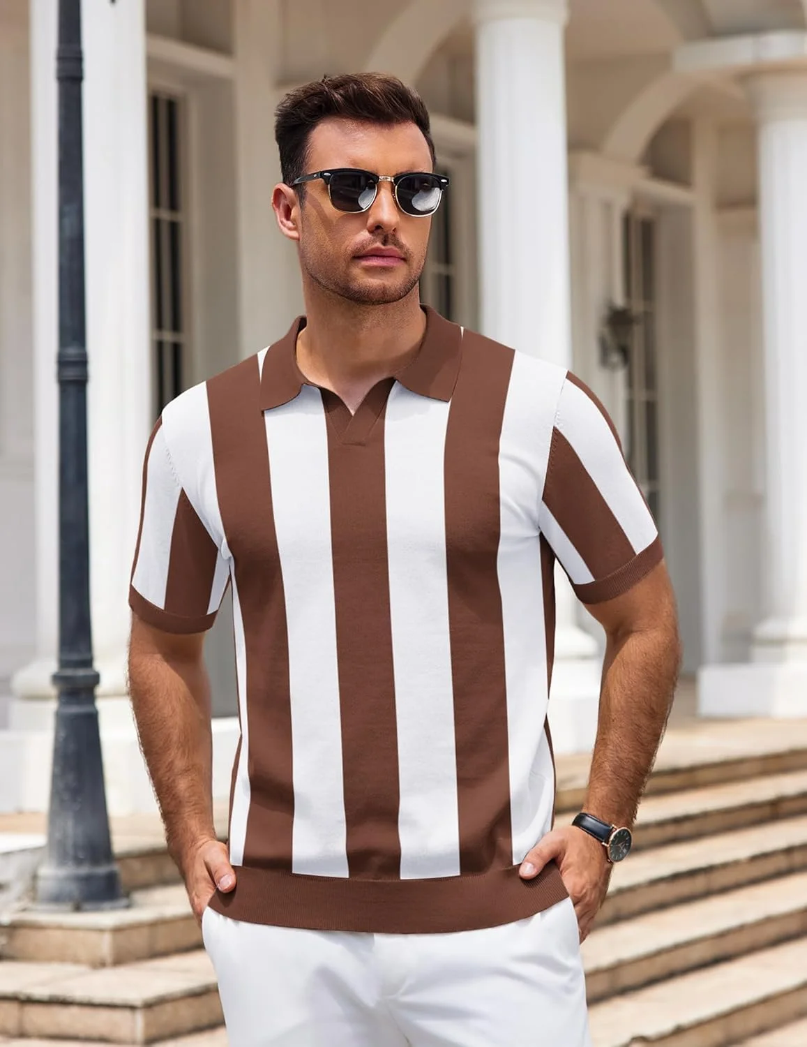 پولوشرت بافتنی مردانه COOFANDY، یقه هفت، آستین کوتاه، کشی، مناسب گلف و استایل کژوال