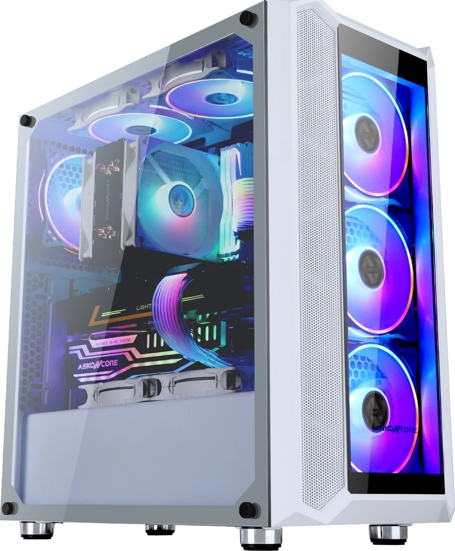 کیس کامپیوتر Abkon Core H301G Sync، طراحی مشبک + پنل جلویی شیشه ای - پنل سمت چپ شیشه حرارت دیده مشکی - USB3.0*1 + USB1.1*2، HD Audio White - RGB | H301G
