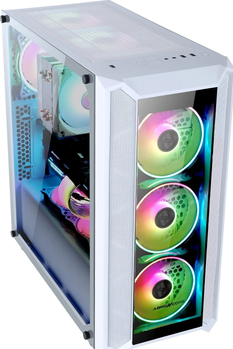 کیس کامپیوتر Abkon Core H301G Sync، طراحی مشبک + پنل جلویی شیشه ای - پنل سمت چپ شیشه حرارت دیده مشکی - USB3.0*1 + USB1.1*2، HD Audio White - RGB | H301G