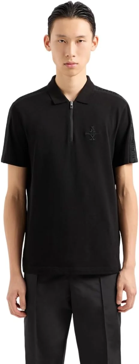 پولوشرت زیپ‌دار مردانه آرمانی اکسچنج با لوگوی برجسته و جنس پنبه‌ای پیکوئه