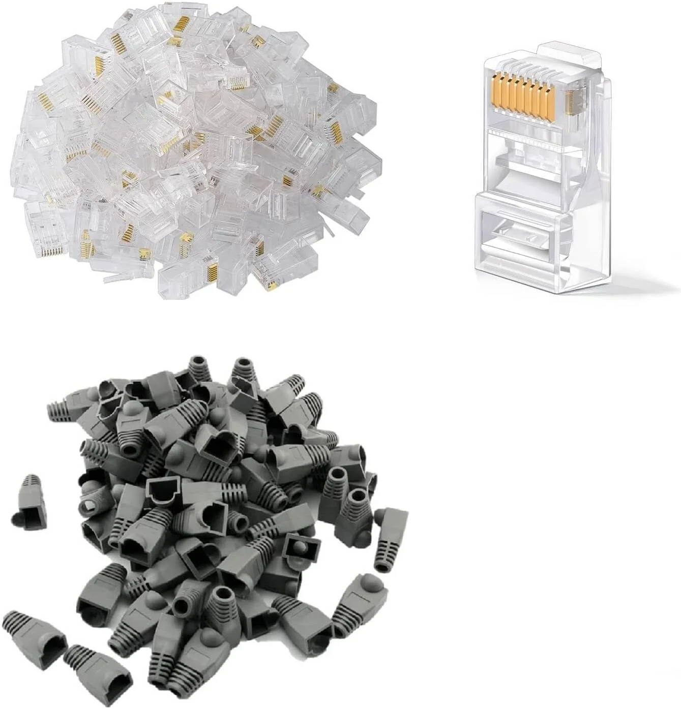 سرسیم و روکش RJ45 تاراذهین، بسته 30 عددی، سرسیم کریستالی ماژولار Cat6 با روکش محافظ کابل شبکه، 30 روکش طوسی + 30 سرسیم RJ45، مطمئن و بادوام | TRJ45-BP-30