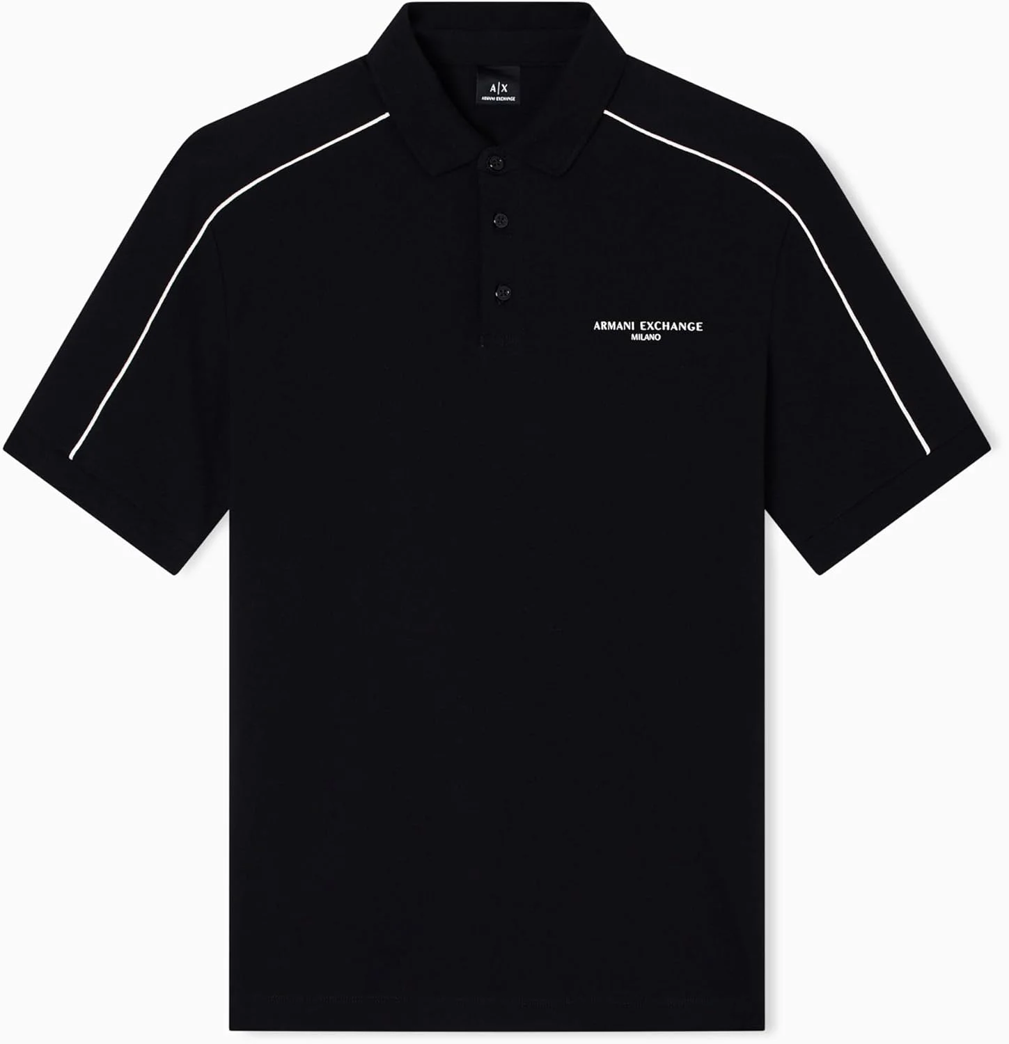 پولوشرت آستین کوتاه مردانه آرمانی اکسچنج با راه راه و لوگوی جانبی و یقه سه دکمه