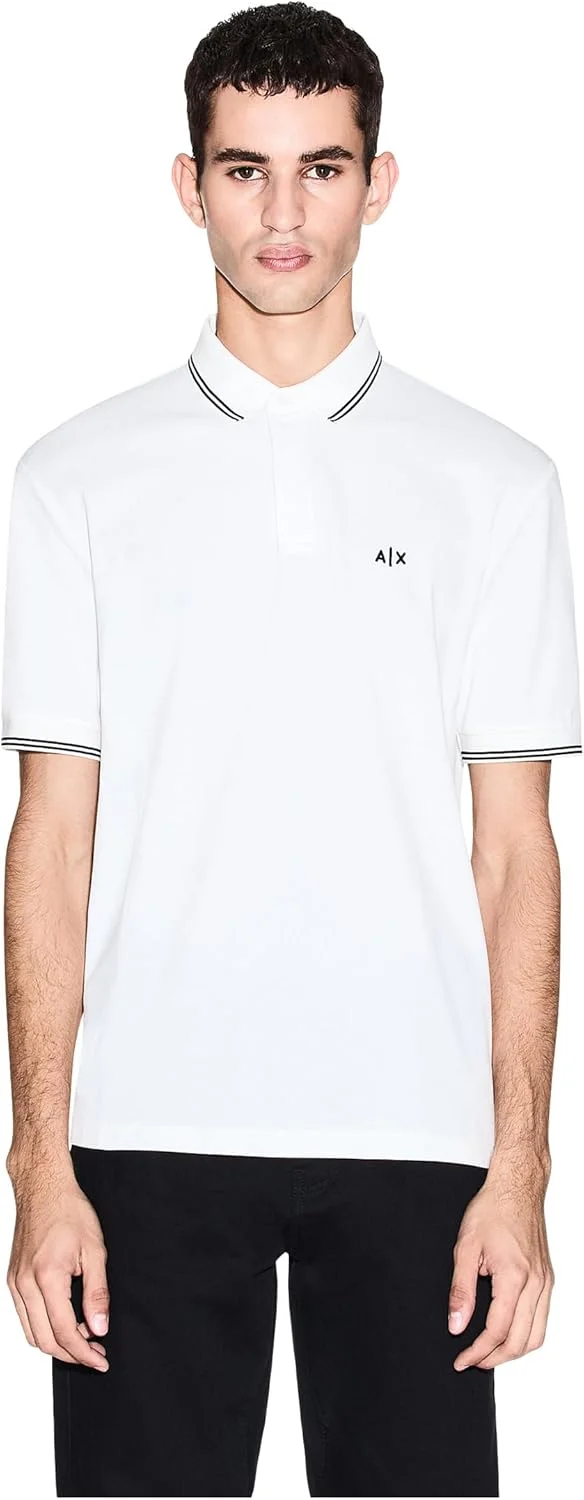 پولوشرت مردانه آرمانی اکسچنج با آستین راه راه دوبل و لوگوی مونوگرام در کنار یقه