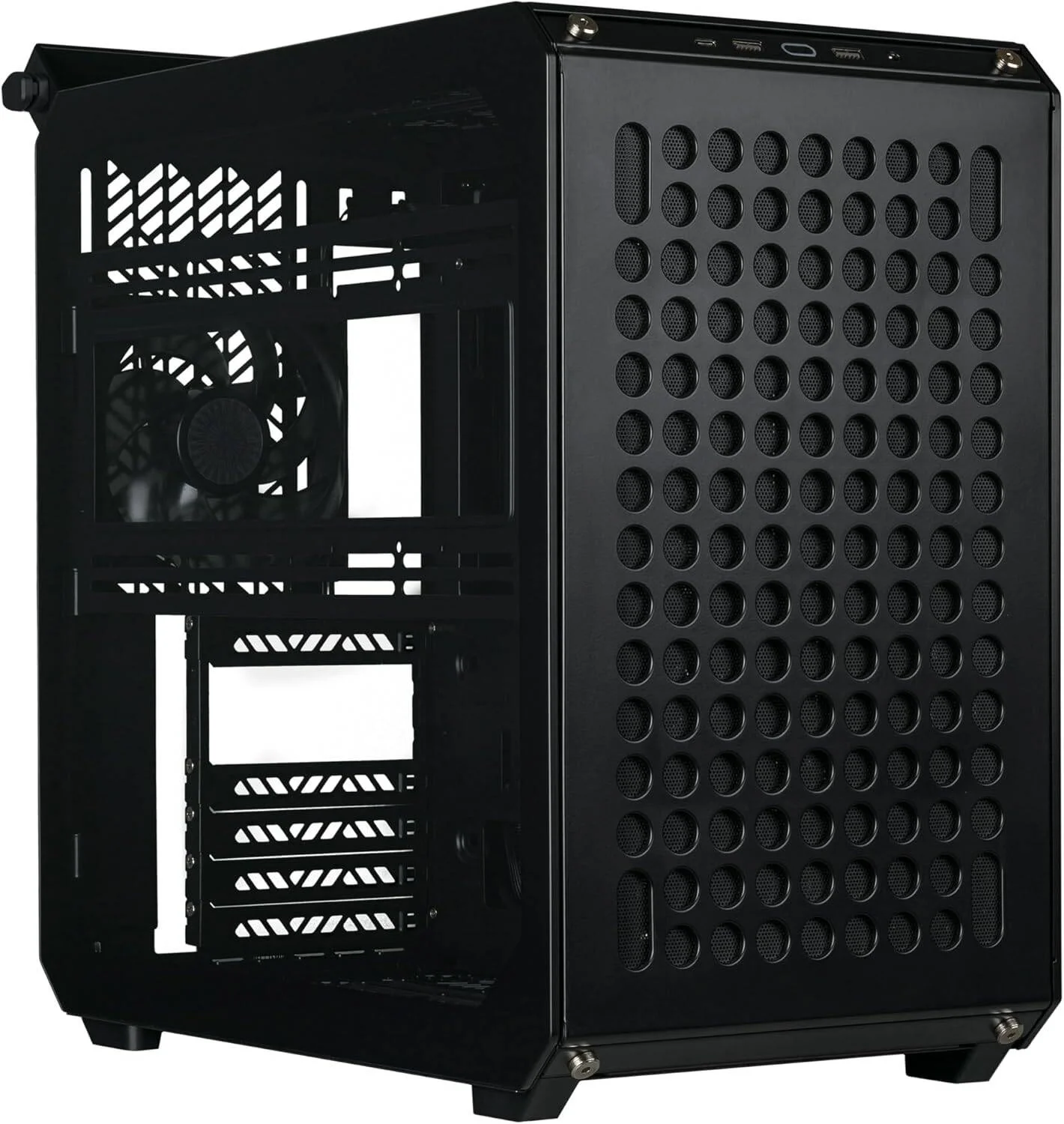 کیس کامپیوتر مید تاور ATX کولر مستر QUBE 500 Flatpack، دارای 1 فن 120 میلی‌متری SF ARGB Black PWM، پشتیبانی از رادیاتور تا 280 میلی‌متر و 8 فن، جنس بدنه استیل، پلاستیک، TG، رنگ مشکی | Q500-KGNN-S00