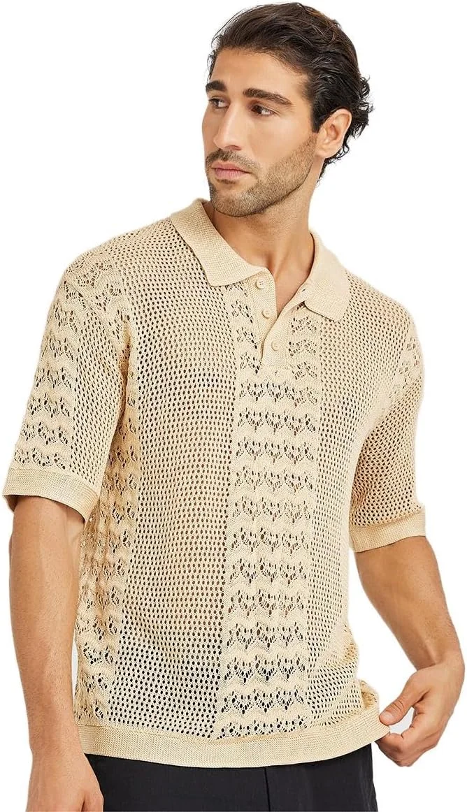 تی شرت پولو آستین کوتاه مردانه STYLI، بافت کروشه، رنگ بژ، مدل Relaxed Fit