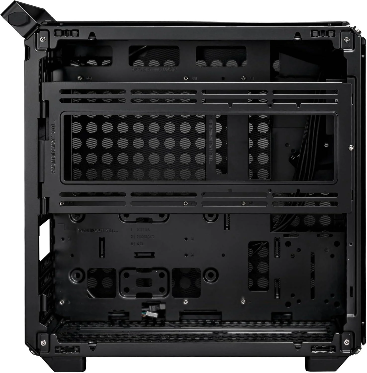 کیس کامپیوتر مید تاور ATX کولر مستر QUBE 500 Flatpack، دارای 1 فن 120 میلی‌متری SF ARGB Black PWM، پشتیبانی از رادیاتور تا 280 میلی‌متر و 8 فن، جنس بدنه استیل، پلاستیک، TG، رنگ مشکی | Q500-KGNN-S00