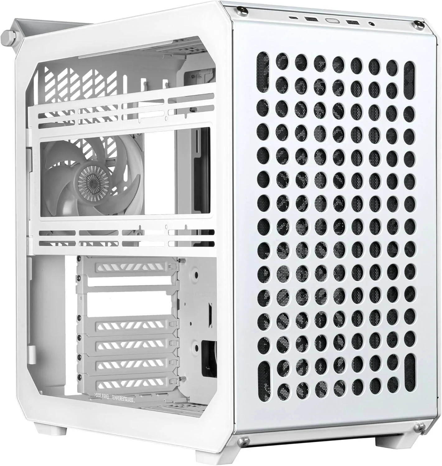کیس کامپیوتر مید تاور ATX کولر مستر QUBE 500 Flatpack، دارای 1 فن 120 میلی‌متری SF ARGB White PWM، پشتیبانی از رادیاتور تا 280 میلی‌متر و 8 فن، جنس بدنه استیل، پلاستیک و شیشه حرارت دیده، سفید | Q500-WGNN-S00