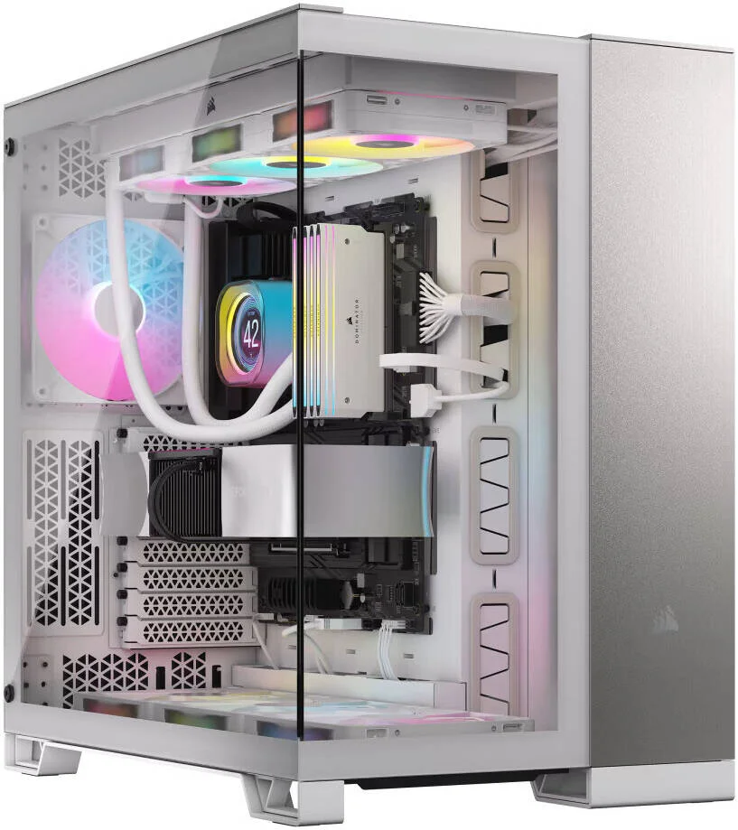 کیس کامپیوتر مید تاور Corsair 6500X، پشتیبانی از رادیاتور تا 360 میلی‌متر و 10 فن، شیشه حرارت دیده، محفظه دوگانه، پنل ورودی/خروجی مدرن در جلو، انعطاف‌پذیری گسترده در خنک‌سازی، سفید / آلومینیوم خاکستری ساتن | CC-9011285-WW