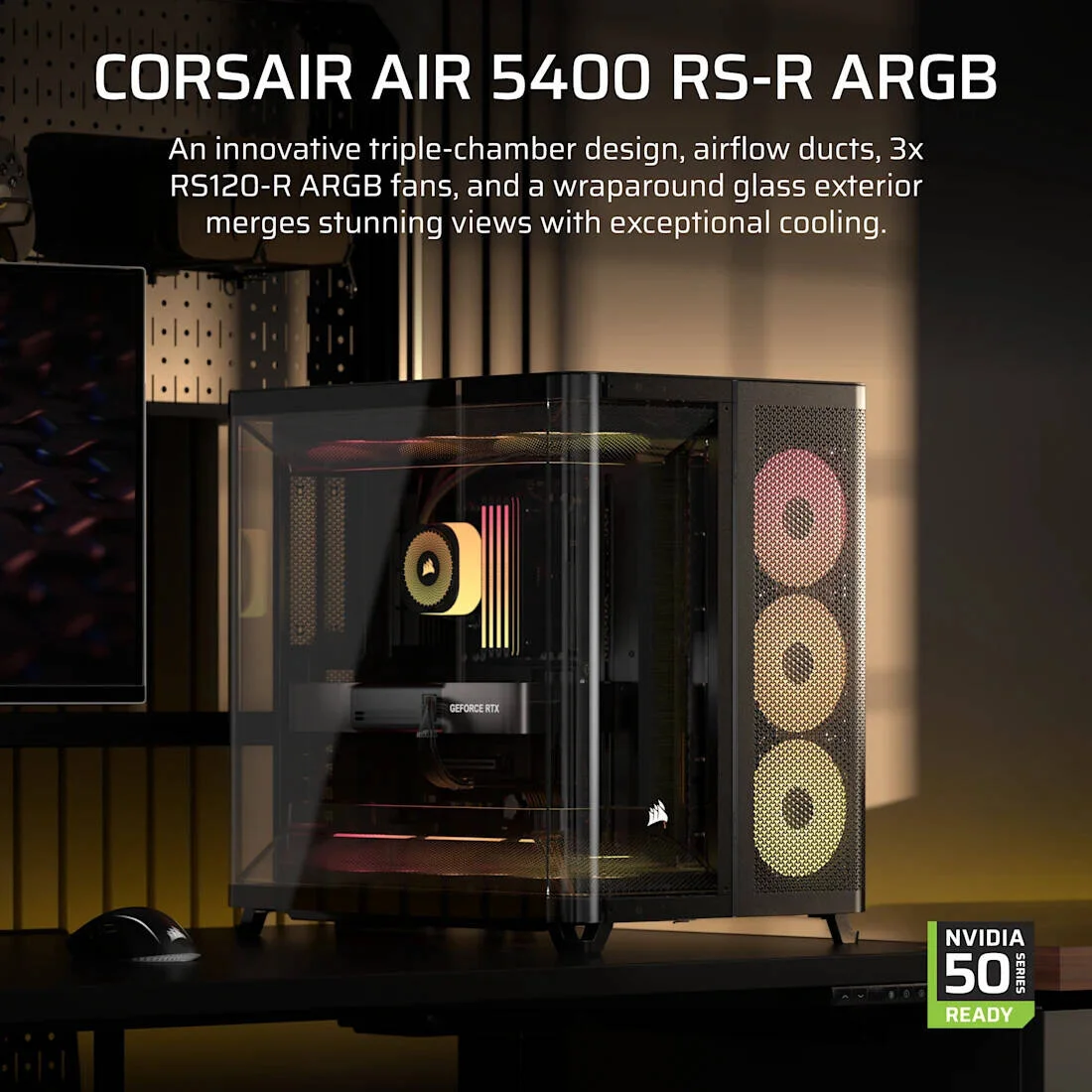 کیس کامپیوتر مید-تاور سه محفظه ای Corsair AIR 5400 RS-R ARGB، دارای 3 فن 120 میلی متری RS-R از پیش نصب شده، پشتیبانی از رادیاتور تا 360 میلی متر و 10 فن، پنل شیشه ای حرارت دیده، مشکی | CC-9011318-WW