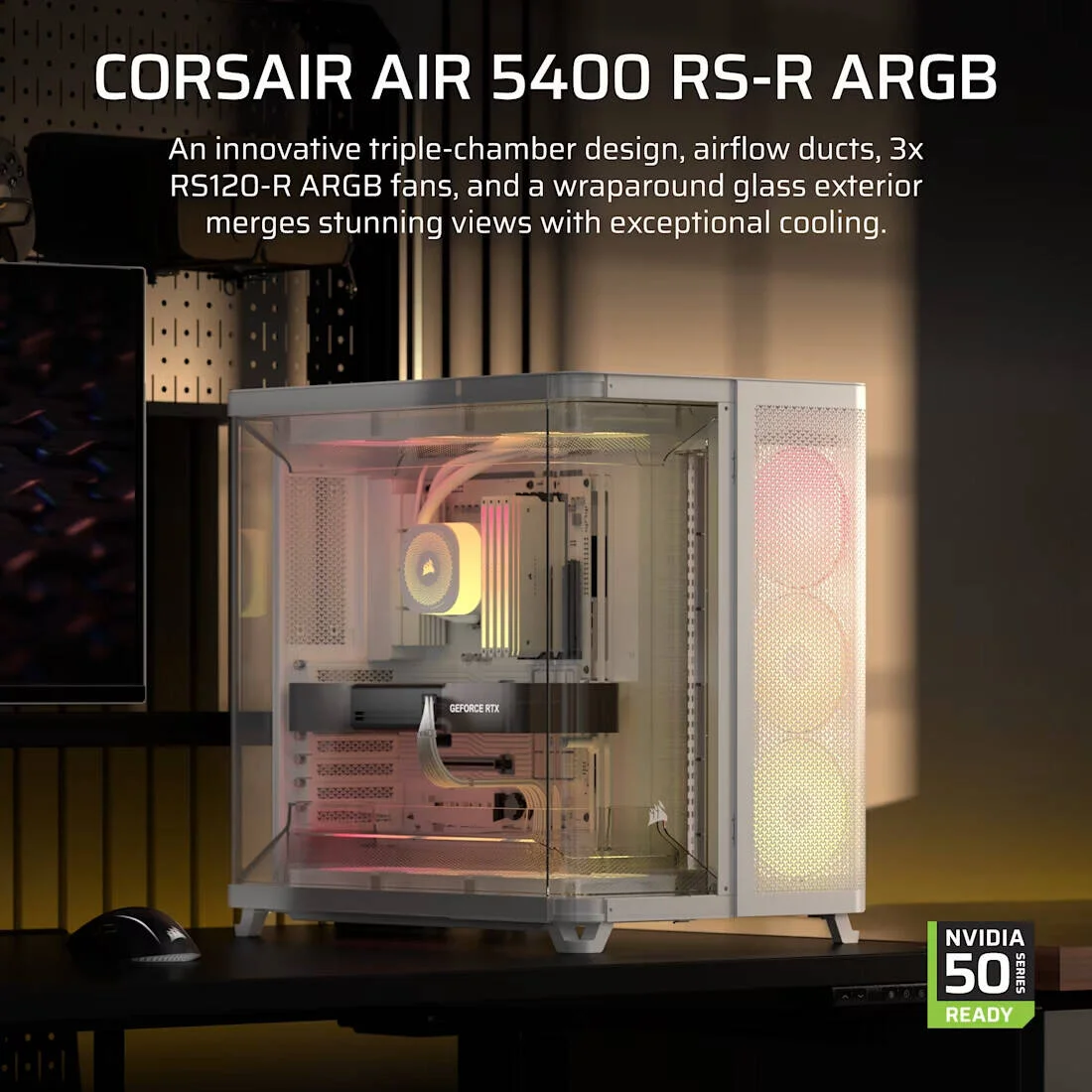 کیس کامپیوتر مید-تاور سه محفظه ای Corsair AIR 5400 RS-R ARGB، دارای 3 فن 120 میلی متری RS-R از پیش نصب شده، پشتیبانی از رادیاتور تا 360 میلی متر و 10 فن، پنل شیشه ای حرارت دیده، سفید | CC-9011319-WW