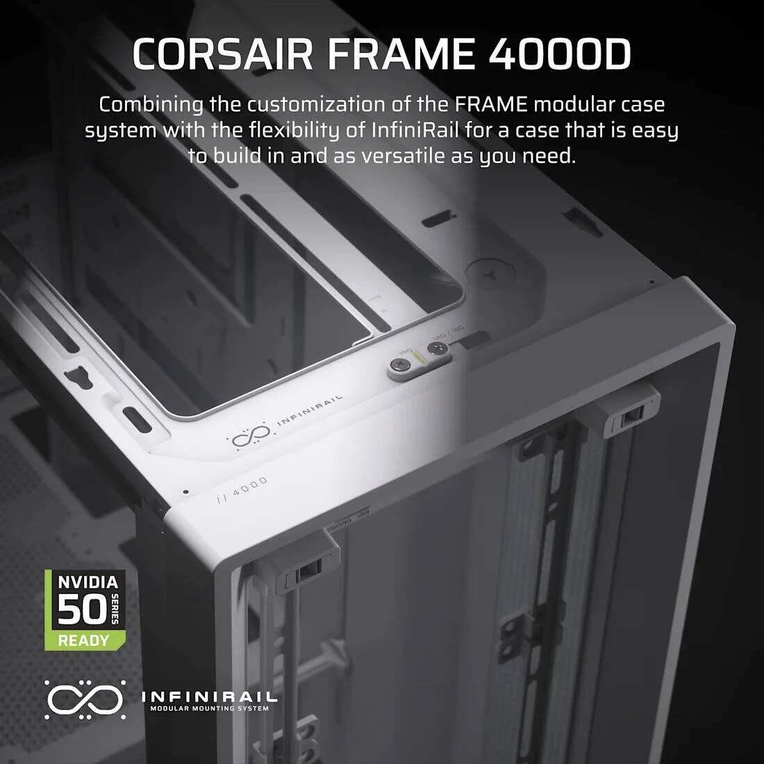 کیس کامپیوتر مید تاور کرسیر FRAME 4000D، بدون فن از پیش نصب شده، پشتیبانی از رادیاتور 360 میلی‌متری، 7 اسلات توسعه، شیشه حرارت دیده، فولاد جریان هوای 3D-Y، سفید | CC-9011291-WW
