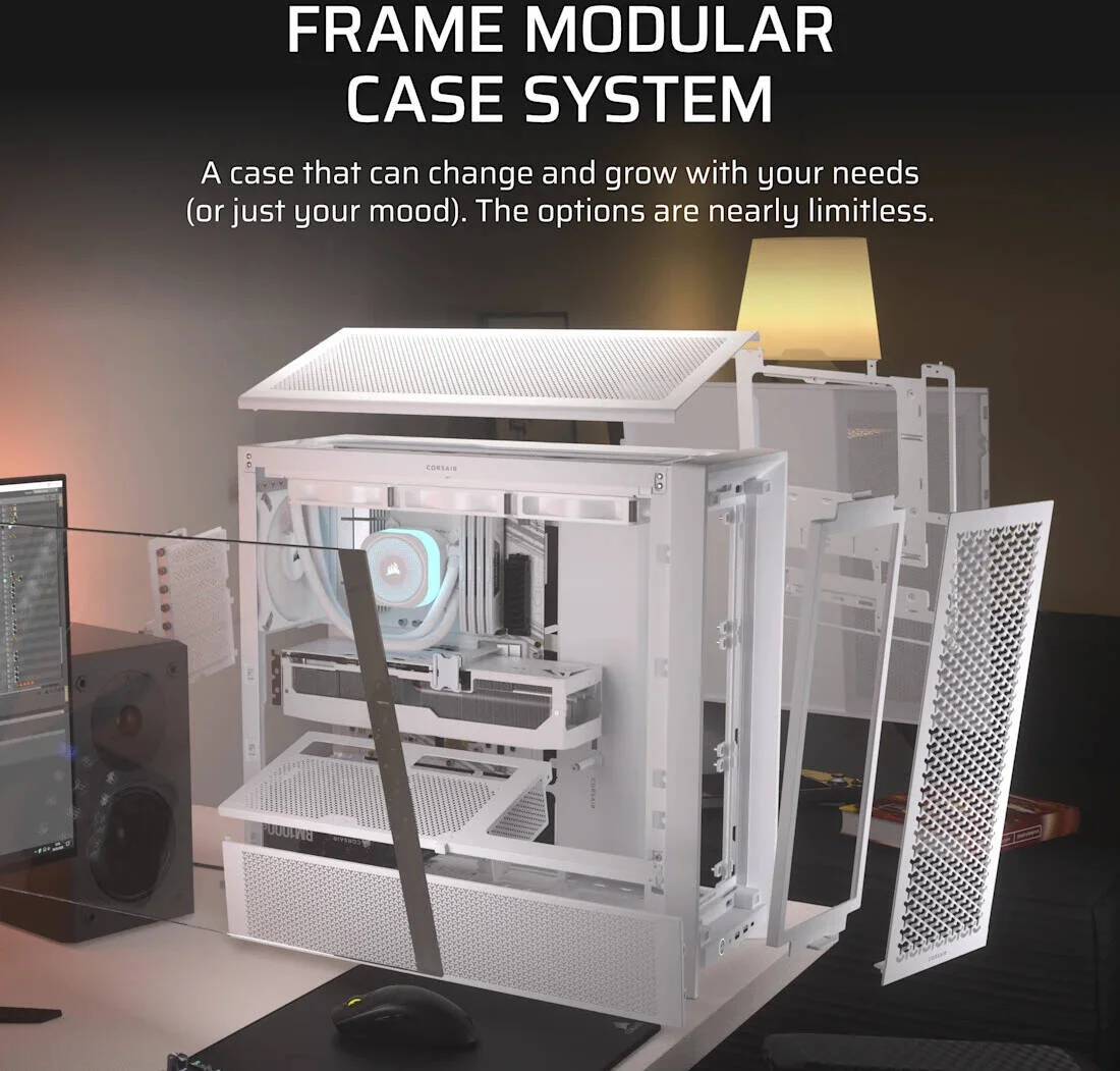 کیس کامپیوتر مید تاور کرسیر FRAME 4000D، بدون فن از پیش نصب شده، پشتیبانی از رادیاتور 360 میلی‌متری، 7 اسلات توسعه، شیشه حرارت دیده، فولاد جریان هوای 3D-Y، سفید | CC-9011291-WW