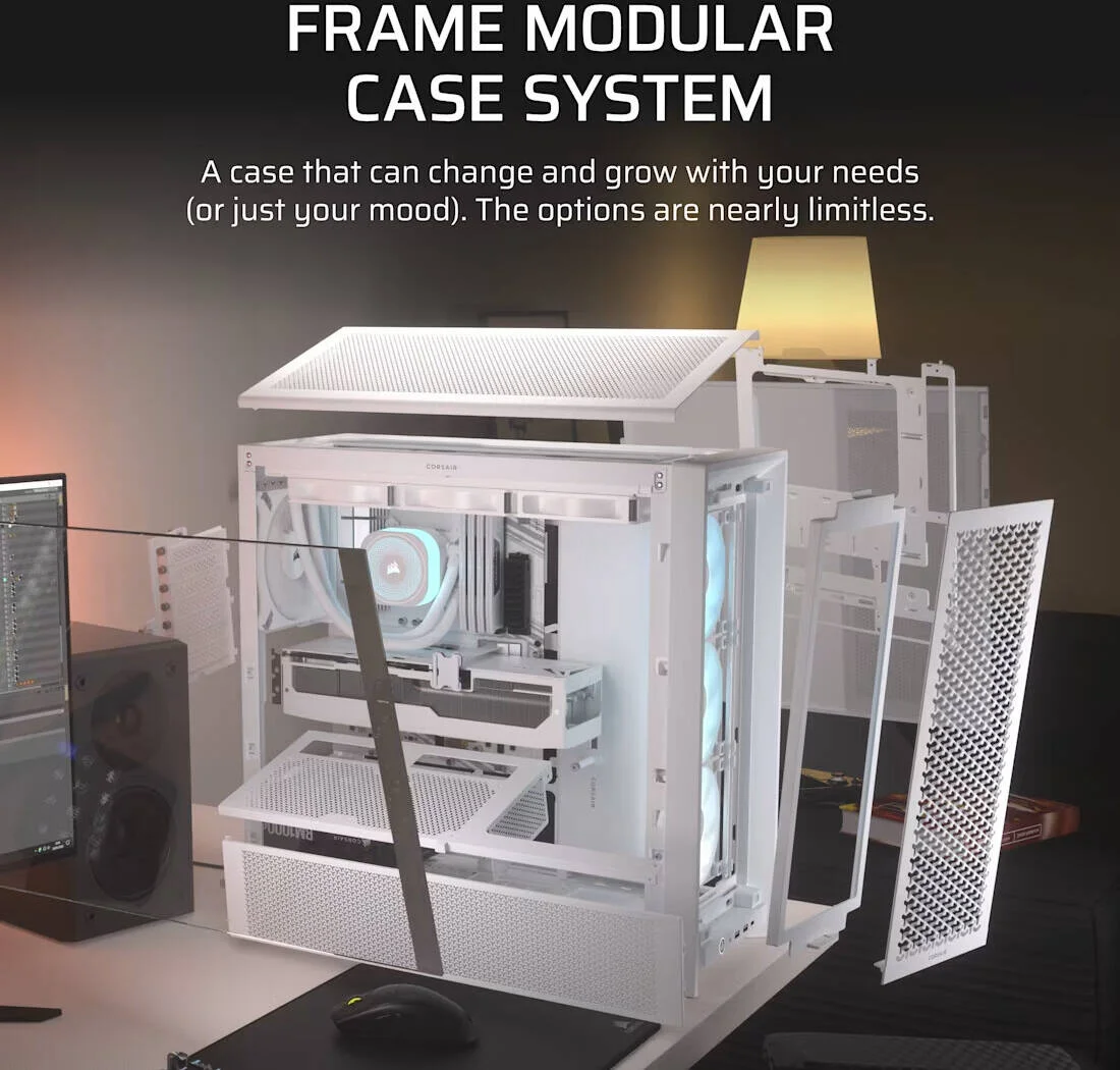 کیس کامپیوتر مید تاور کرسیر FRAME 4000D RS ARGB، دارای 3 فن RS120 ARGB از پیش نصب شده، پشتیبانی از رادیاتور 360 میلی‌متری، 7 اسلات توسعه، شیشه حرارت دیده، فولاد جریان هوای 3D-Y، سفید | CC-9011297-WW