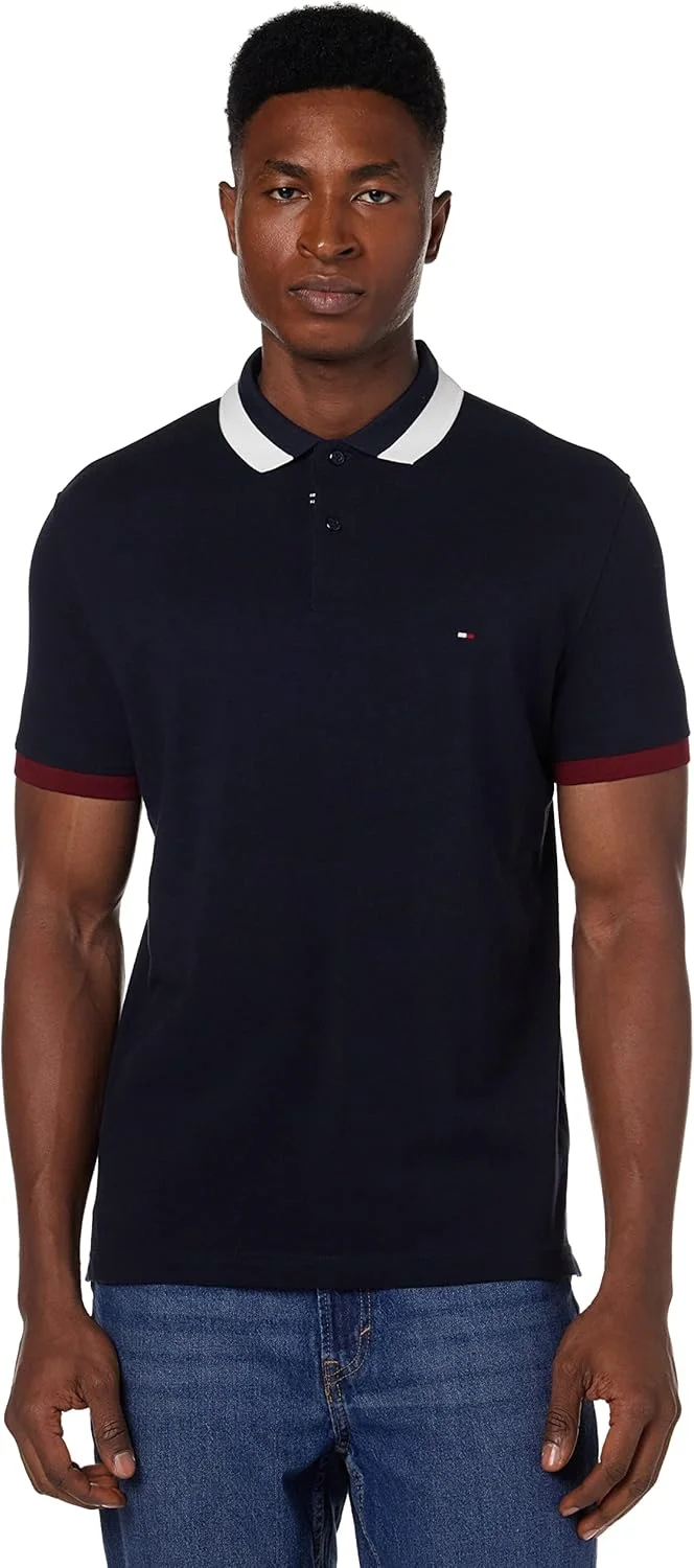 پولوشرت مردانه تامی هیلفیگر یقه و سرآستین RWB مدل اسلیم آستین کوتاه