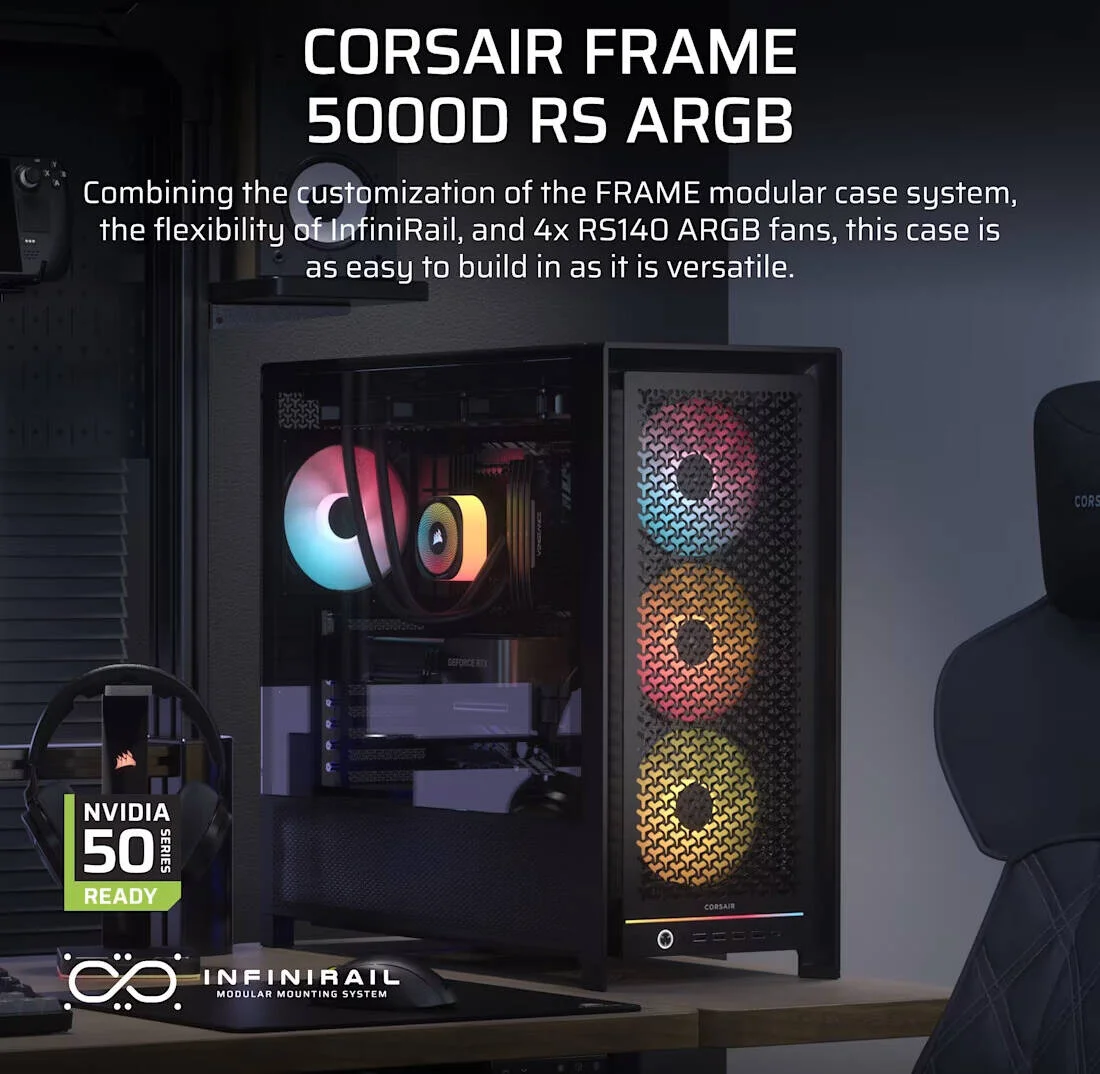 کیس کامپیوتر مید تاور با جریان هوای بالا کورسیر FRAME 5000D RS ARGB، دارای 4 فن RS140 ARGB از پیش نصب شده، پشتیبانی از رادیاتور 360 میلی‌متری، 8 اسلات توسعه، شیشه حرارت دیده، فولاد جریان هوای 3D-Y، مشکی | CC-9011309-WW