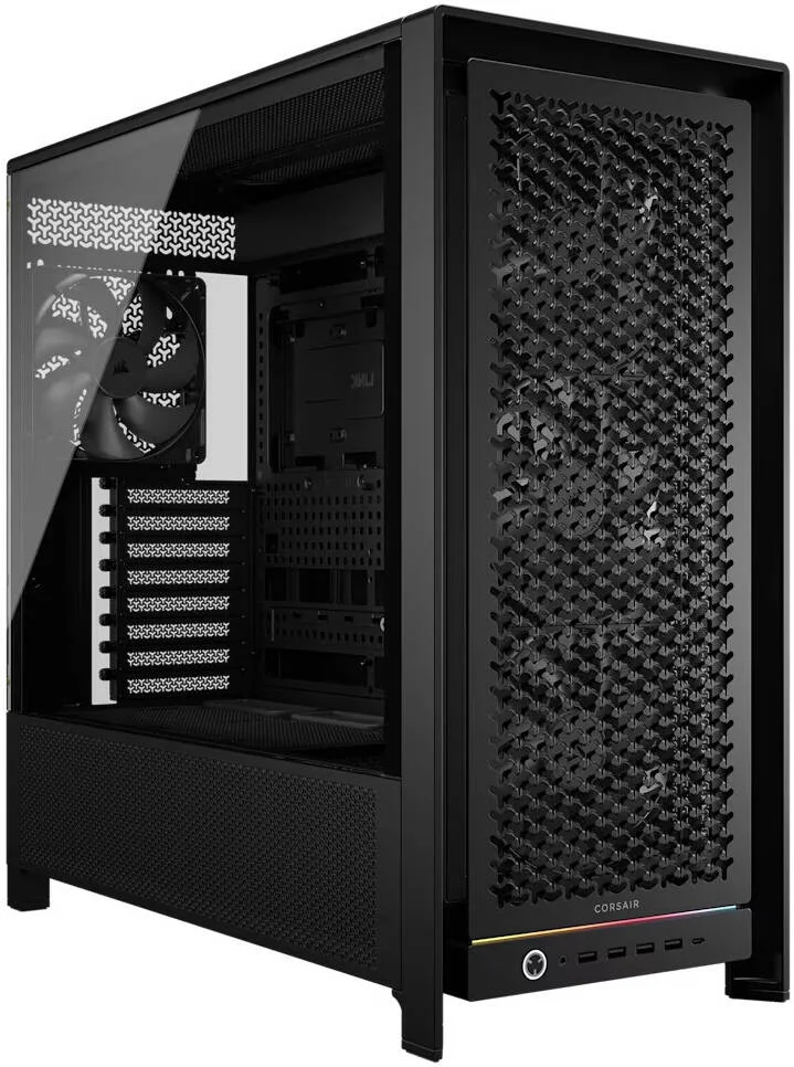 کیس کامپیوتر مید تاور ATX با جریان هوای بالا Corsair FRAME 5000D RS، دارای 4 فن از پیش نصب شده RS140، پشتیبانی از رادیاتور 360 میلی‌متری، 8 اسلات توسعه، شیشه حرارت دیده، فولاد جریان هوای 3D-Y، مشکی | CC-9011307-WW