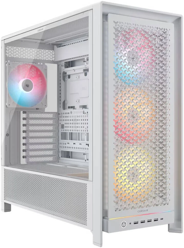 کیس کامپیوتر مید-تاور با جریان هوای بالا Corsair FRAME 5000D RS ARGB، دارای 4 فن RS140 ARGB از پیش نصب شده، پشتیبانی از رادیاتور 360 میلی‌متری، 8 اسلات توسعه، شیشه حرارت دیده، فولاد با جریان هوای 3D-Y، سفید | CC-9011310-WW