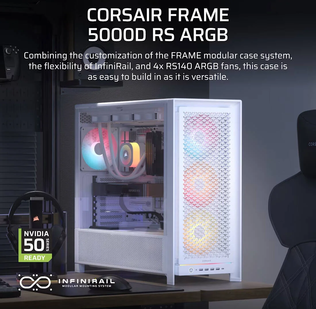 کیس کامپیوتر مید-تاور با جریان هوای بالا Corsair FRAME 5000D RS ARGB، دارای 4 فن RS140 ARGB از پیش نصب شده، پشتیبانی از رادیاتور 360 میلی‌متری، 8 اسلات توسعه، شیشه حرارت دیده، فولاد با جریان هوای 3D-Y، سفید | CC-9011310-WW