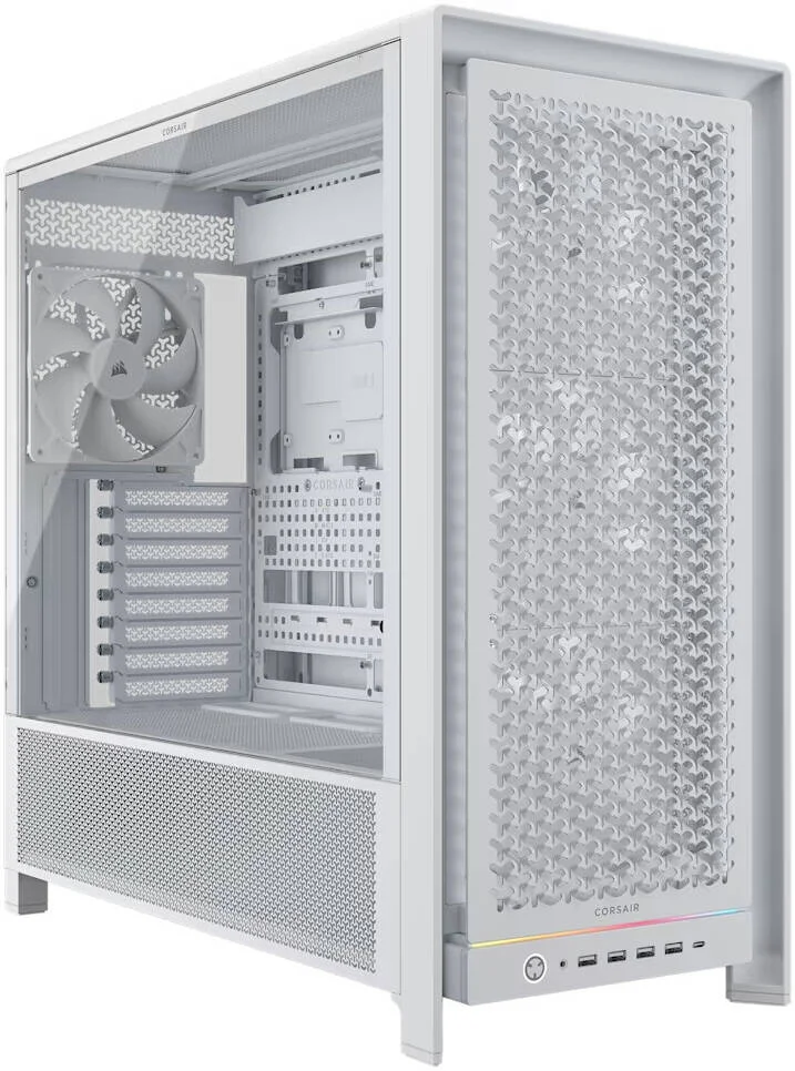 کیس کامپیوتر مید تاور ATX با جریان هوای بالا Corsair FRAME 5000D RS، دارای 4 فن از پیش نصب شده RS140، پشتیبانی از رادیاتور 360 میلی‌متری، 8 اسلات توسعه، شیشه حرارت دیده، فولاد جریان هوای 3D-Y، سفید | CC-9011308-WW