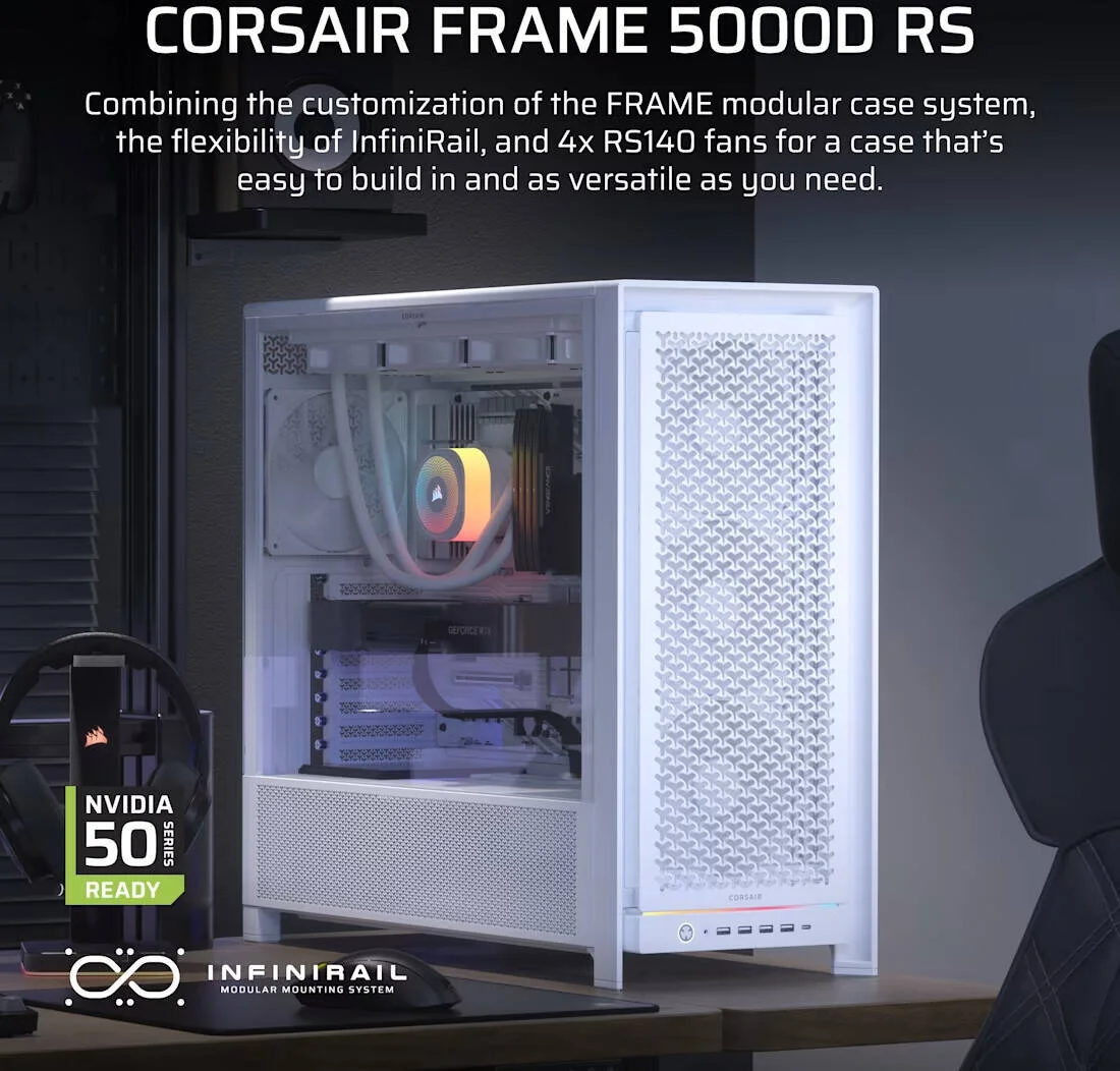 کیس کامپیوتر مید تاور ATX با جریان هوای بالا Corsair FRAME 5000D RS، دارای 4 فن از پیش نصب شده RS140، پشتیبانی از رادیاتور 360 میلی‌متری، 8 اسلات توسعه، شیشه حرارت دیده، فولاد جریان هوای 3D-Y، سفید | CC-9011308-WW