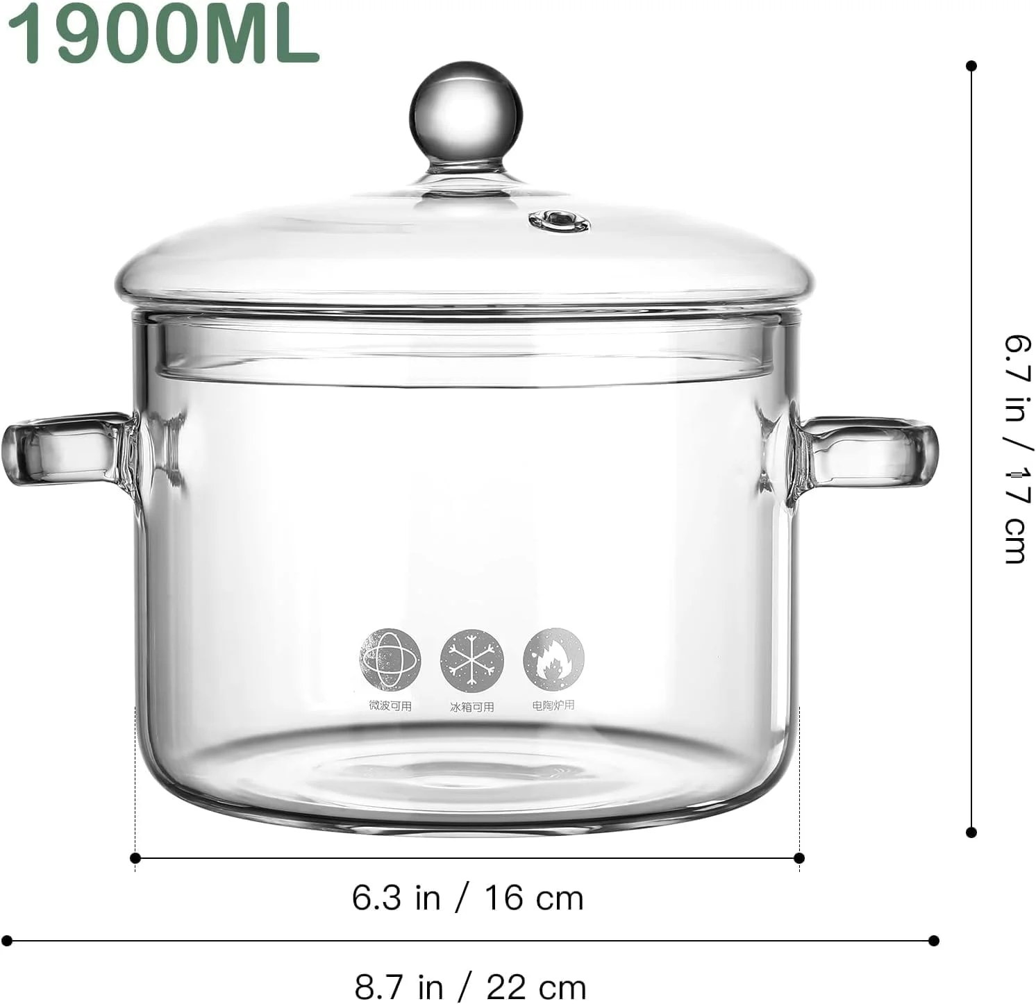 قابلمه شیشه ای فر با درب، قابلمه پخت و پز با ظرفیت بزرگ، قابلمه شفاف با دسته، قابلمه استوک روی اجاق گاز، ظروف شیشه ای بوروسیلیکات، قابلمه و تابه های قابل شستشو در ماشین ظرفشویی (1900 میلی لیتر)