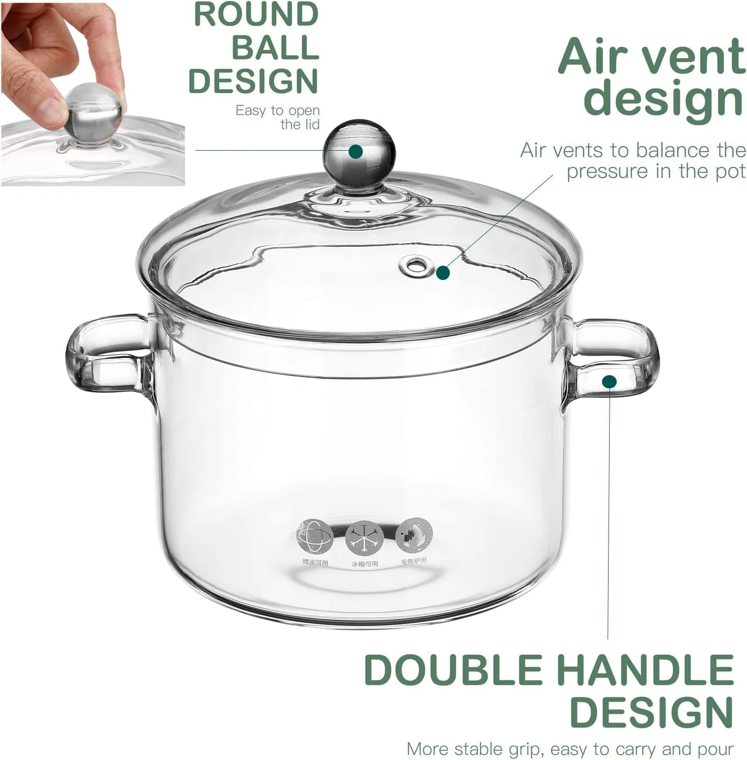 قابلمه شیشه ای فر با درب، قابلمه پخت و پز با ظرفیت بزرگ، قابلمه شفاف با دسته، قابلمه استوک روی اجاق گاز، ظروف شیشه ای بوروسیلیکات، قابلمه و تابه های قابل شستشو در ماشین ظرفشویی (1900 میلی لیتر)