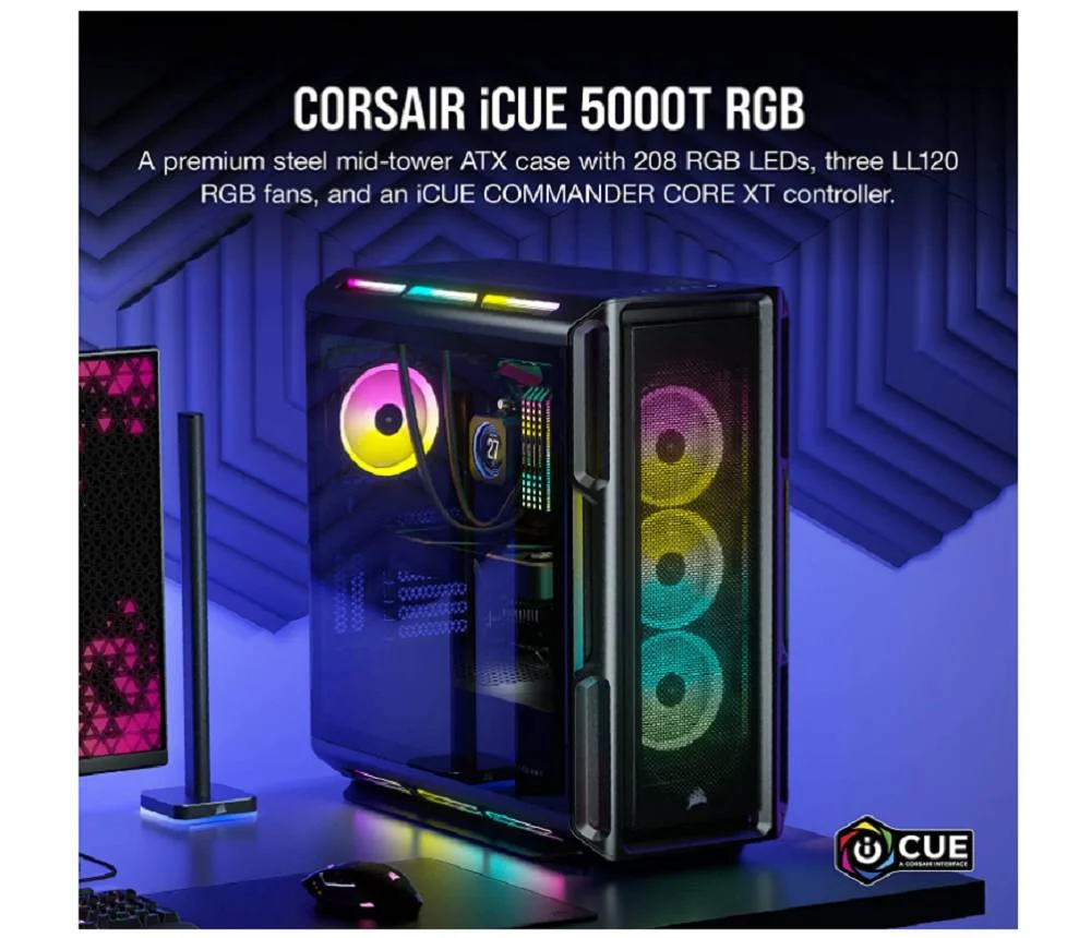 کیس کامپیوتر Corsair iCUE 5000T RGB Mid Tower ATX، شیشه حرارت دیده، پشتیبانی از رادیاتور 360 میلیمتری و 10 فن، شامل 3 فن 120 میلیمتری، 7 + 2 اسلات توسعه عمودی، مشکی | CC-9011230-WW کیس کامپیوتر Corsair iCUE 5000T RGB Mid Tower ATX، شیشه حرارت دیده، پشتیبانی از رادیاتور 360 میلیمتری و 10 فن، شامل 3 فن 120 میلیمتری، 7 + 2 اسلات توسعه عمودی، مشکی | CC-9011230-WW