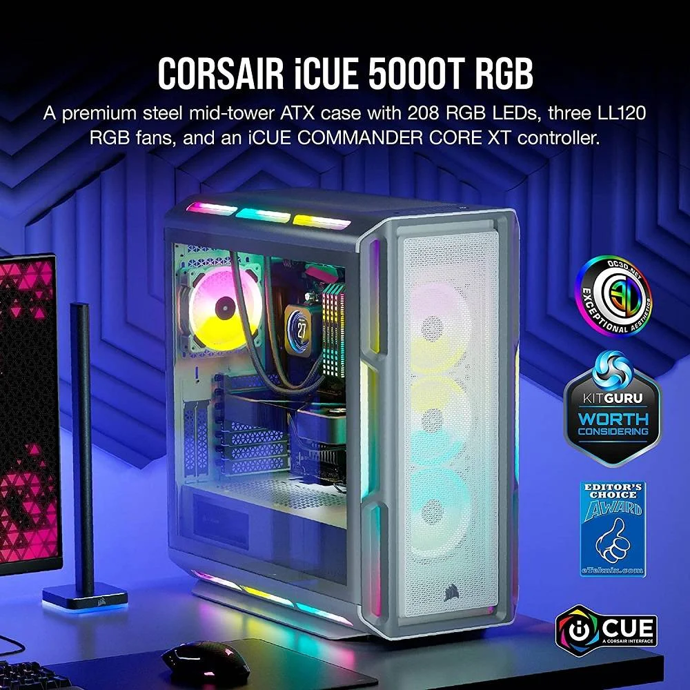 کیس کامپیوتر Corsair iCUE 5000T RGB Mid Tower ATX، شیشه حرارت دیده، پشتیبانی از رادیاتور 360 میلی‌متری و 10 فن، شامل 3 فن 120 میلی‌متری، 7 + 2 اسلات توسعه عمودی، سفید | CC-9011231-WW