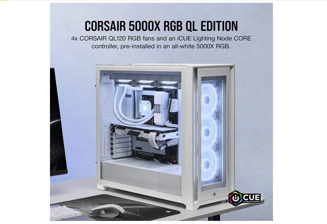 کیس مید تاور کرسیر iCUE 5000X RGB QL Edition، شیشه حرارت دیده، 4 فن QL120 RGB، پشتیبانی از رادیاتور تا 360 میلی‌متر، Lighting Node Core، 136 LED RGB، سفید | CC-9011233-WW