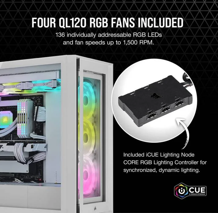 کیس مید تاور کرسیر iCUE 5000X RGB QL Edition، شیشه حرارت دیده، 4 فن QL120 RGB، پشتیبانی از رادیاتور تا 360 میلی‌متر، Lighting Node Core، 136 LED RGB، سفید | CC-9011233-WW