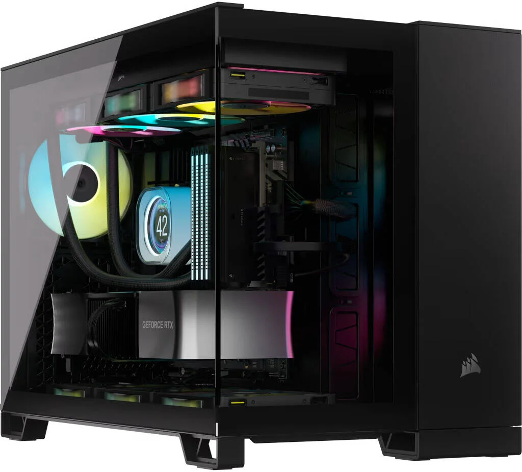 کیس کامپیوتر دو محفظه ای Corsair iCUE LINK 2500X RGB Micro ATX، دارای 2 فن از پیش نصب شده RX RGB، پشتیبانی از رادیاتور تا 360 میلی متر و 9 فن، پنل جلویی مدرن I/O، مشکی | CC-9011267-WW