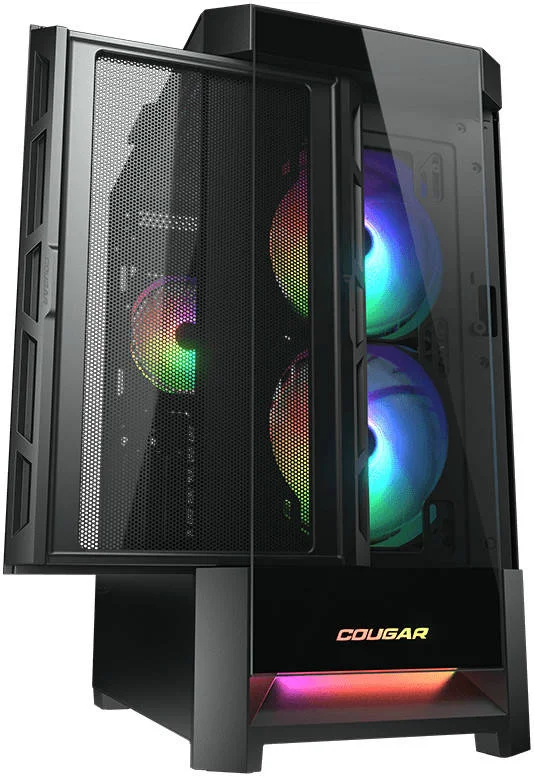 کیس کامپیوتر COUGAR DUOFACE RGB ATX Mid Tower، پنل‌های جلویی شیشه‌ای حرارت دیده و مشبک، نورپردازی RGB درخشان، پشتیبانی از رادیاتور تا 280 میلی‌متر و 5 فن 120 میلی‌متری، 7+3 درگاه توسعه، USB 3.0 x 2، USB 2.0، مشکی | CG-GC-DUOFACE-BLK