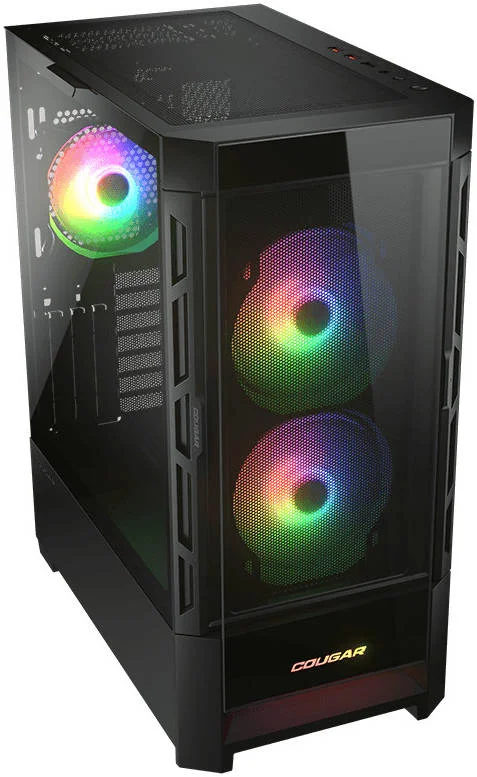 کیس کامپیوتر COUGAR DUOFACE RGB ATX Mid Tower، پنل‌های جلویی شیشه‌ای حرارت دیده و مشبک، نورپردازی RGB درخشان، پشتیبانی از رادیاتور تا 280 میلی‌متر و 5 فن 120 میلی‌متری، 7+3 درگاه توسعه، USB 3.0 x 2، USB 2.0، مشکی | CG-GC-DUOFACE-BLK